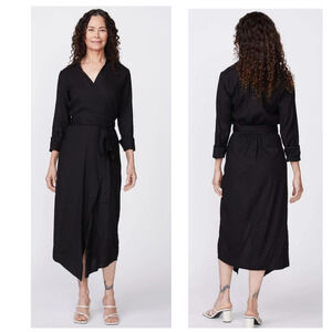 Monrow Black Linen Blend Tie True Wrap Long Sleeve Midi Dress, Size XS